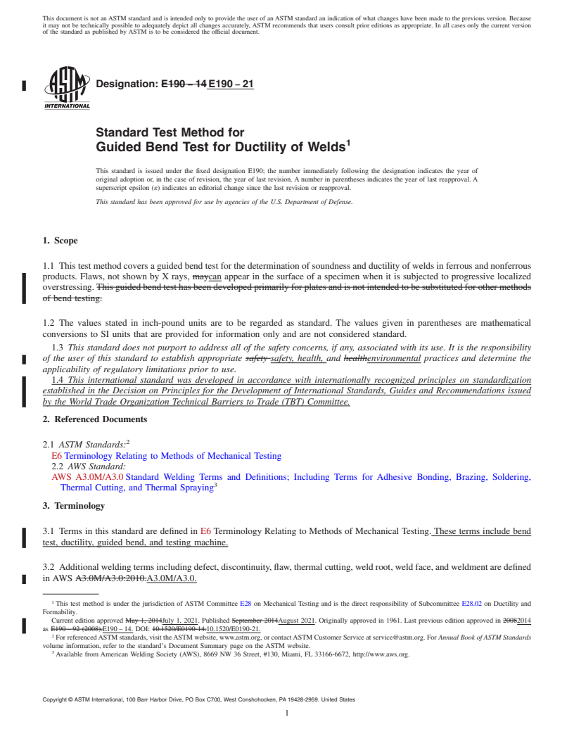 REDLINE ASTM E190-21 - Standard Test Method for  Guided Bend Test for Ductility of Welds