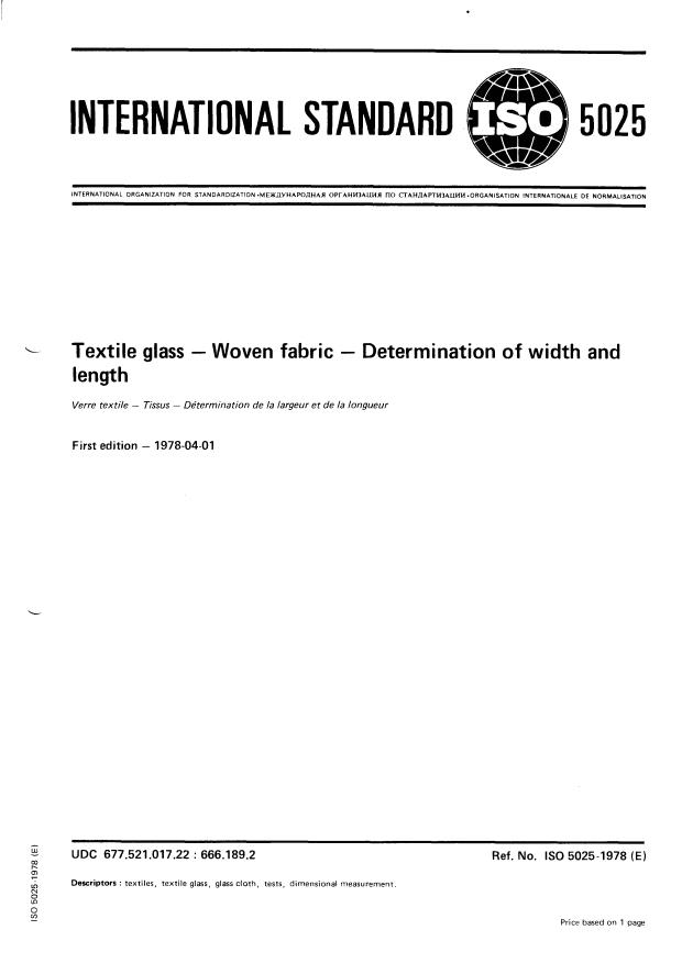 ISO 5025:1978 - Textile glass -- Woven fabric -- Determination of width and length