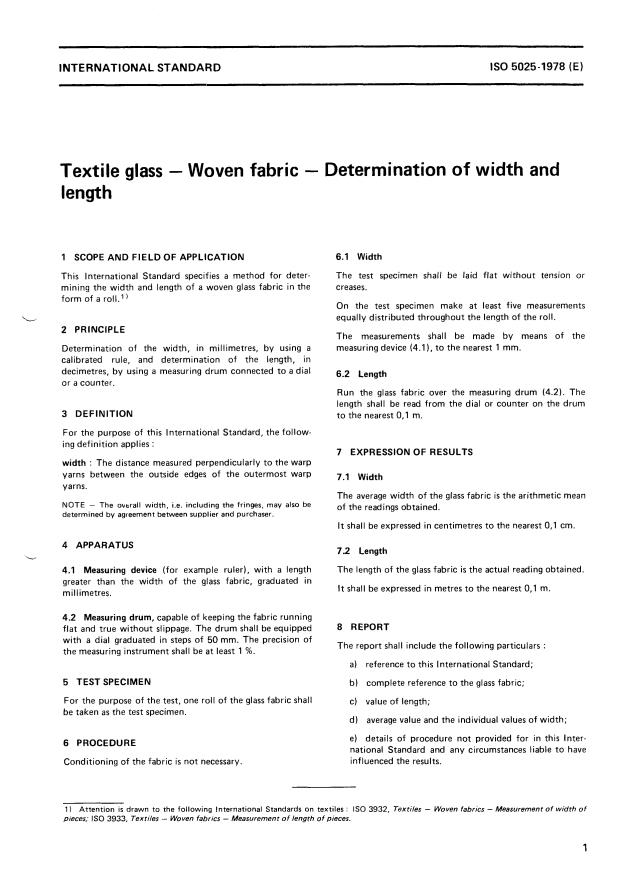 ISO 5025:1978 - Textile glass -- Woven fabric -- Determination of width and length