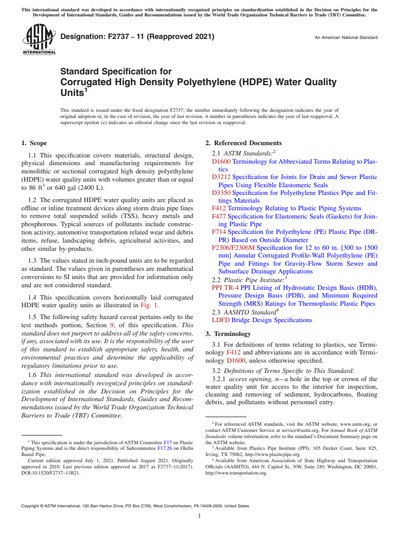 ASTM F2737-11(2021) - Standard Specification for  Corrugated High Density Polyethylene (HDPE) Water Quality Units