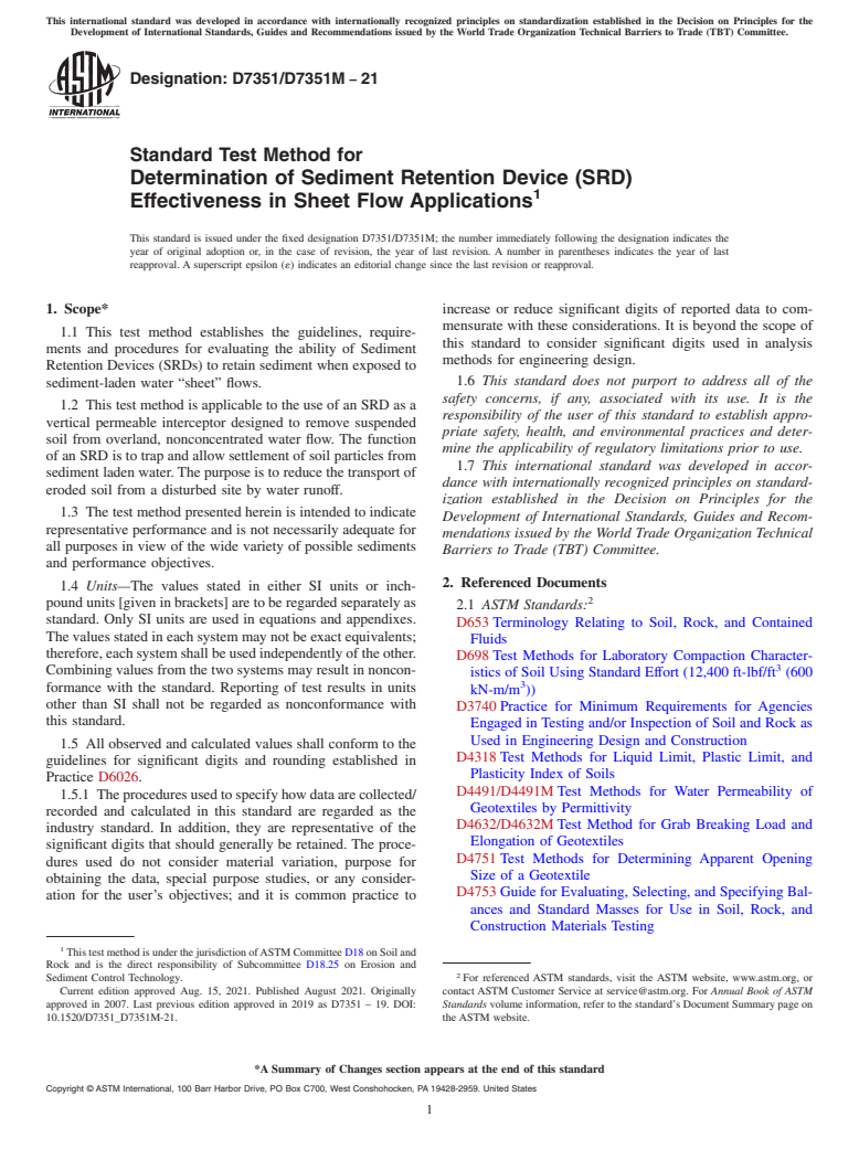 ASTM D7351/D7351M-21 - Standard Test Method for Determination of Sediment Retention Device (SRD) Effectiveness  in Sheet Flow Applications