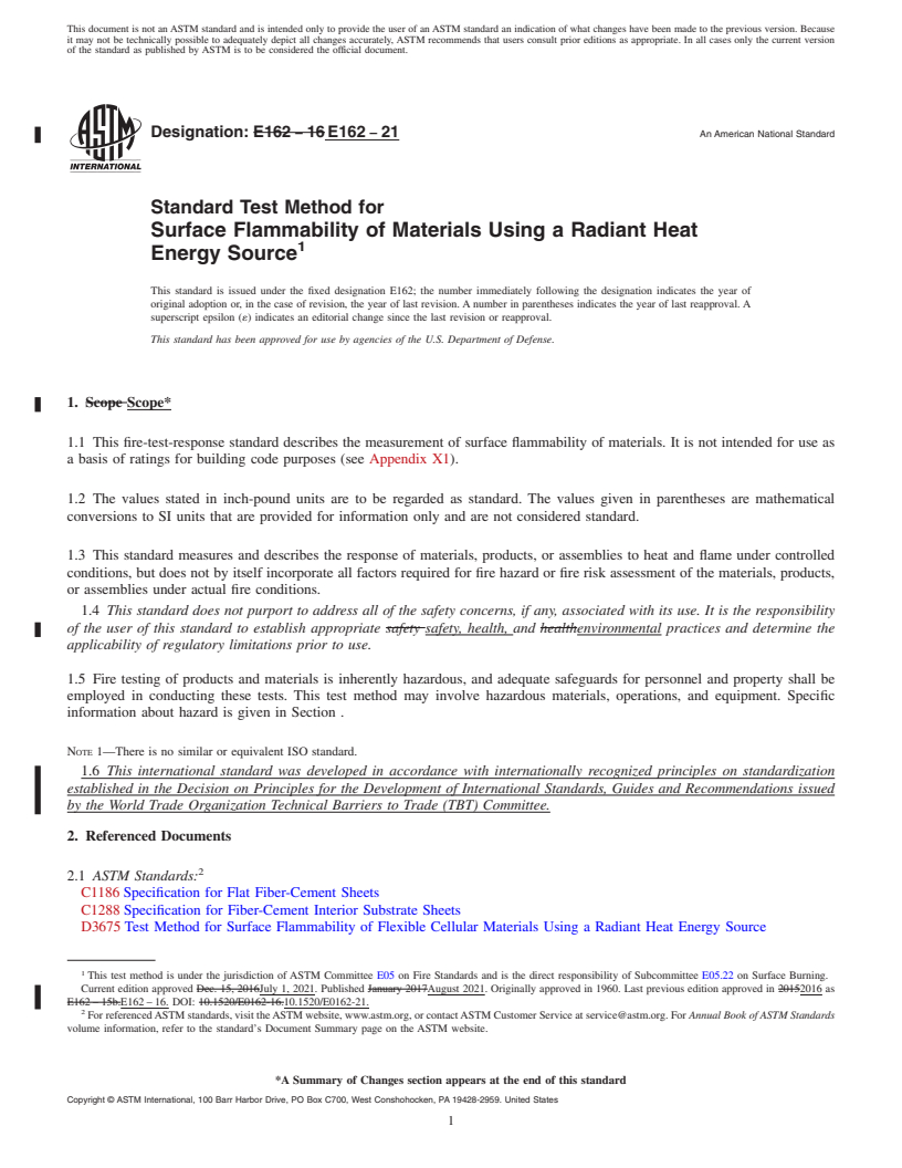 REDLINE ASTM E162-21 - Standard Test Method for  Surface Flammability of Materials Using a Radiant Heat Energy  Source