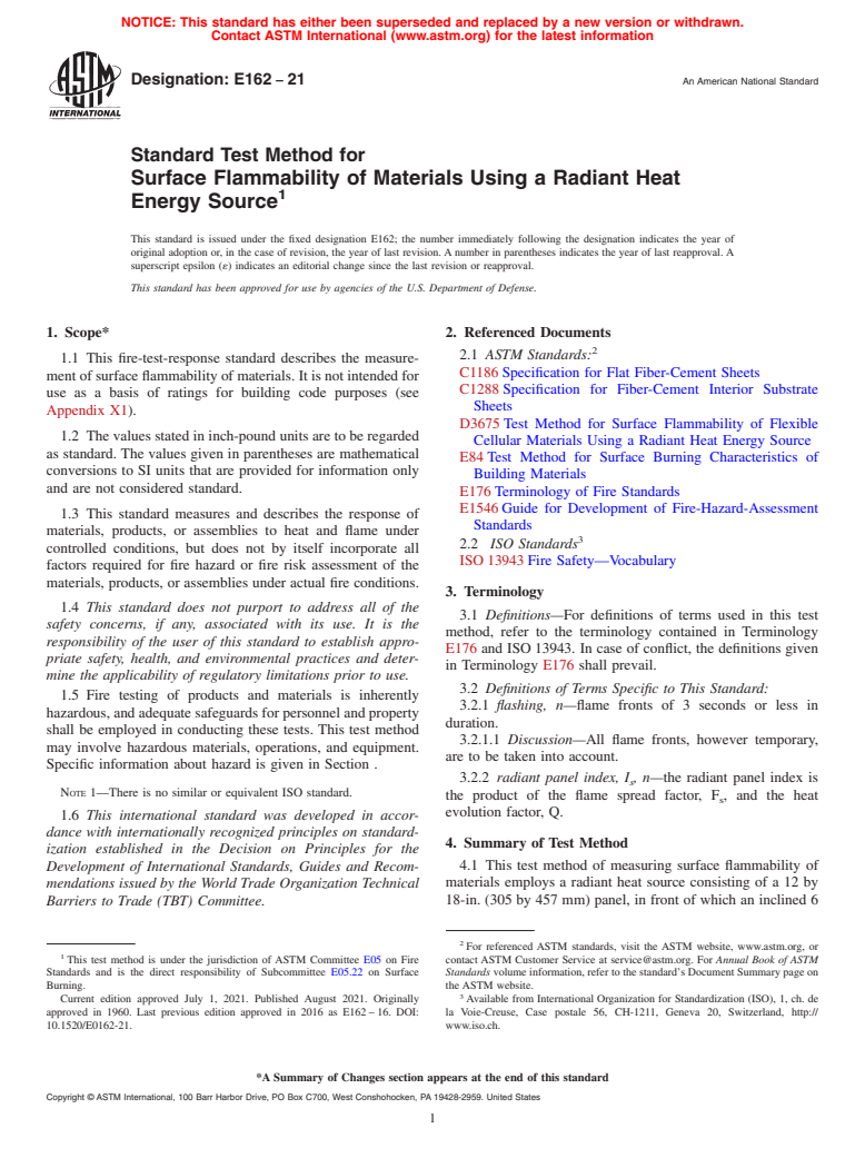 ASTM E162-21 - Standard Test Method for  Surface Flammability of Materials Using a Radiant Heat Energy  Source