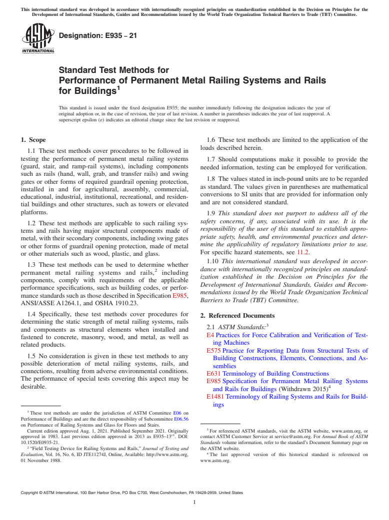 ASTM E935-21 - Standard Test Methods for Performance of Permanent Metal Railing Systems and Rails for  Buildings