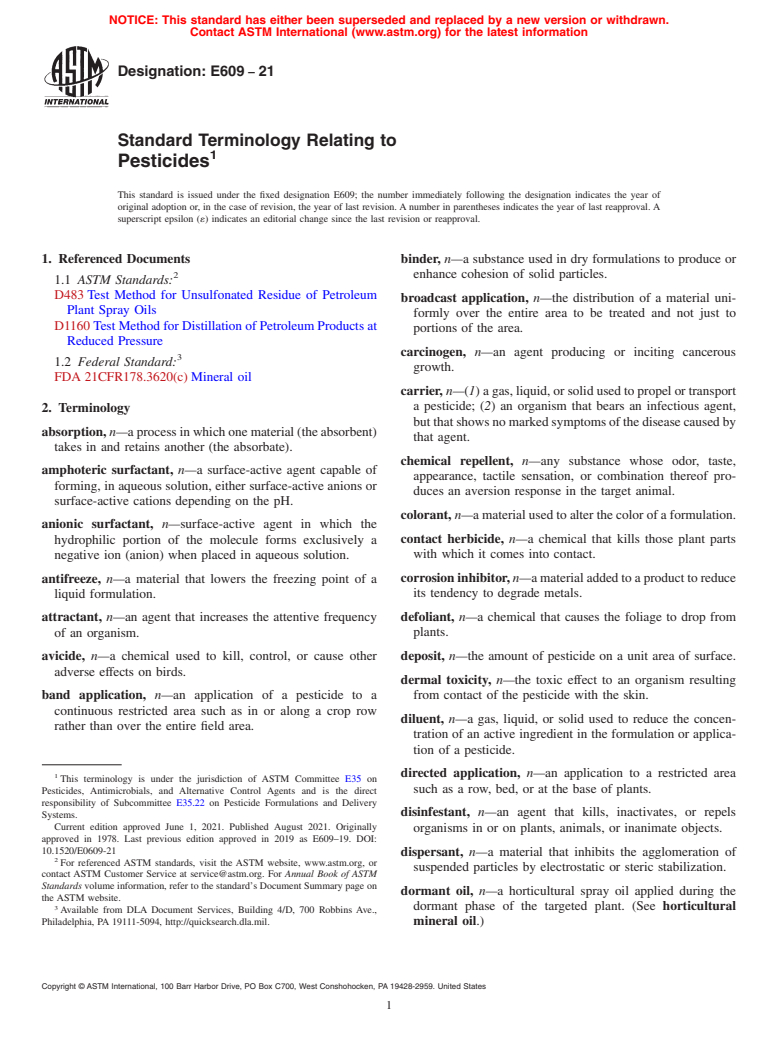 ASTM E609-21 - Standard Terminology Relating to  Pesticides