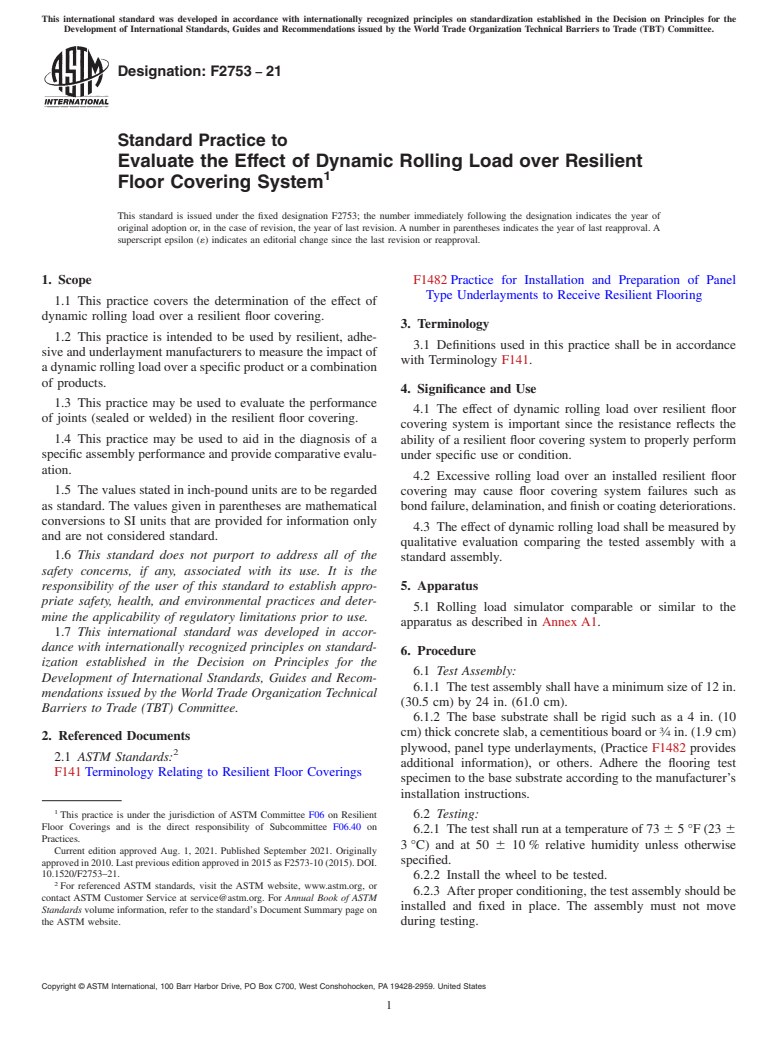 ASTM F2753-21 - Standard Practice to  Evaluate the Effect of Dynamic Rolling Load over Resilient  Floor Covering System