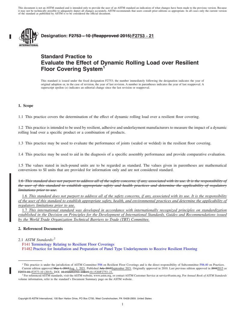 REDLINE ASTM F2753-21 - Standard Practice to  Evaluate the Effect of Dynamic Rolling Load over Resilient  Floor Covering System