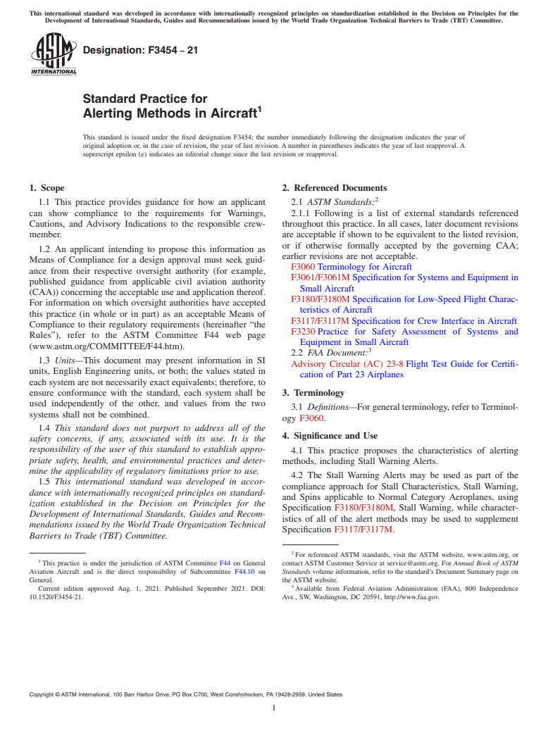 ASTM F3454-21 - Standard Practice for Alerting Methods in Aircraft