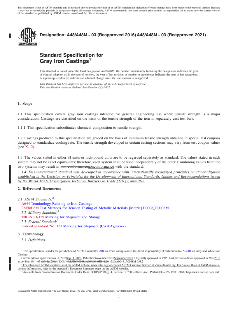 REDLINE ASTM A48/A48M-03(2021) - Standard Specification for Gray Iron Castings