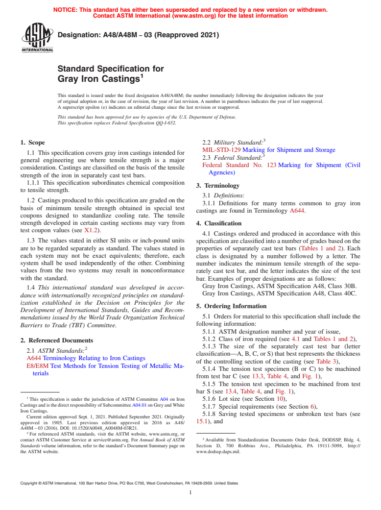 ASTM A48/A48M-03(2021) - Standard Specification for Gray Iron Castings