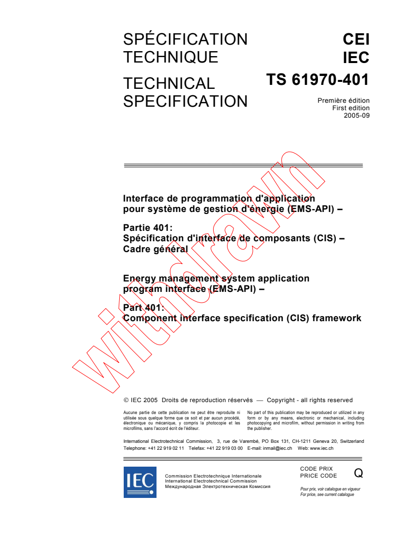 IEC TS 61970-401:2005 - Energy management system application program interface (EMS-API) - Part 401: Component interface specification (CIS) framework
Released:9/6/2005
Isbn:2831881986