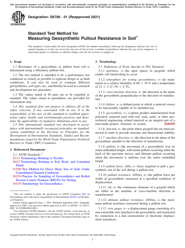 ASTM D6706-01(2021) - Standard Test Method for Measuring Geosynthetic Pullout Resistance in Soil