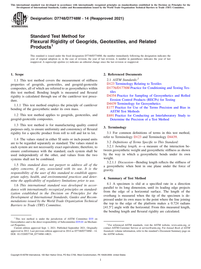 ASTM D7748/D7748M-14(2021) - Standard Test Method for  Flexural Rigidity of Geogrids, Geotextiles, and Related Products