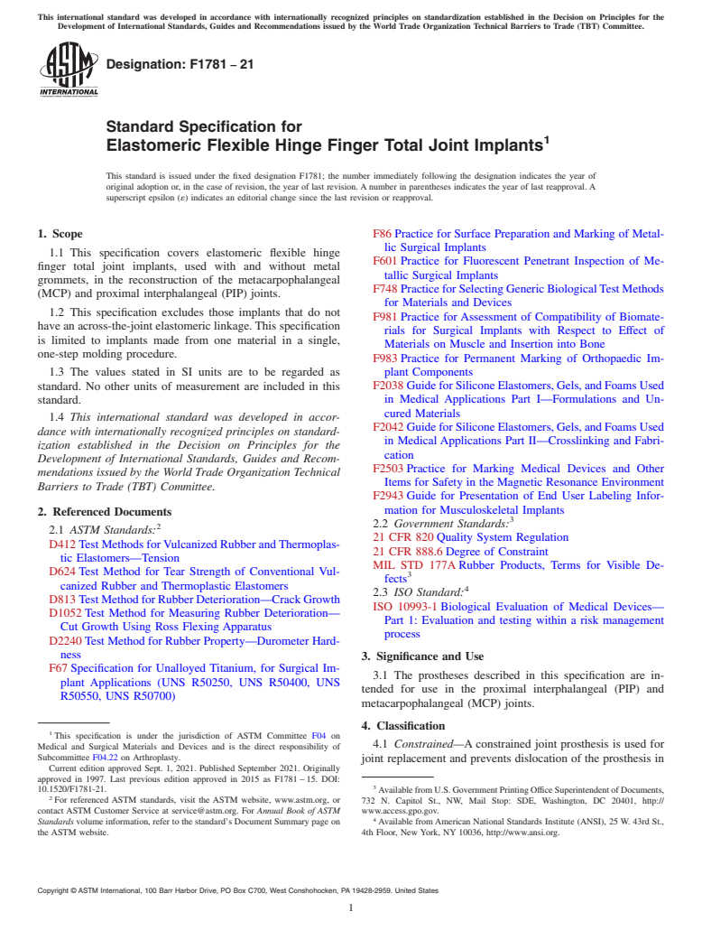 ASTM F1781-21 - Standard Specification for  Elastomeric Flexible Hinge Finger Total Joint Implants