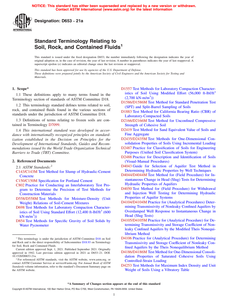 ASTM D653-21a - Standard Terminology Relating to  Soil, Rock, and Contained Fluids