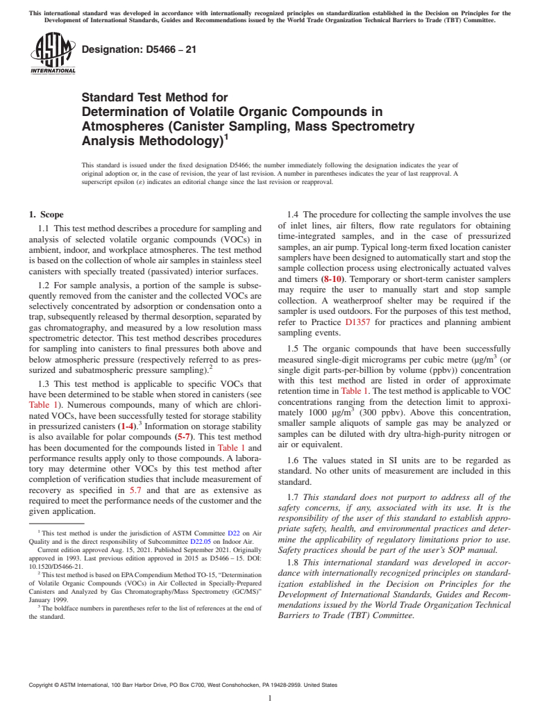 ASTM D5466-21 - Standard Test Method for  Determination of Volatile Organic Compounds in Atmospheres  (Canister Sampling, Mass Spectrometry Analysis Methodology)