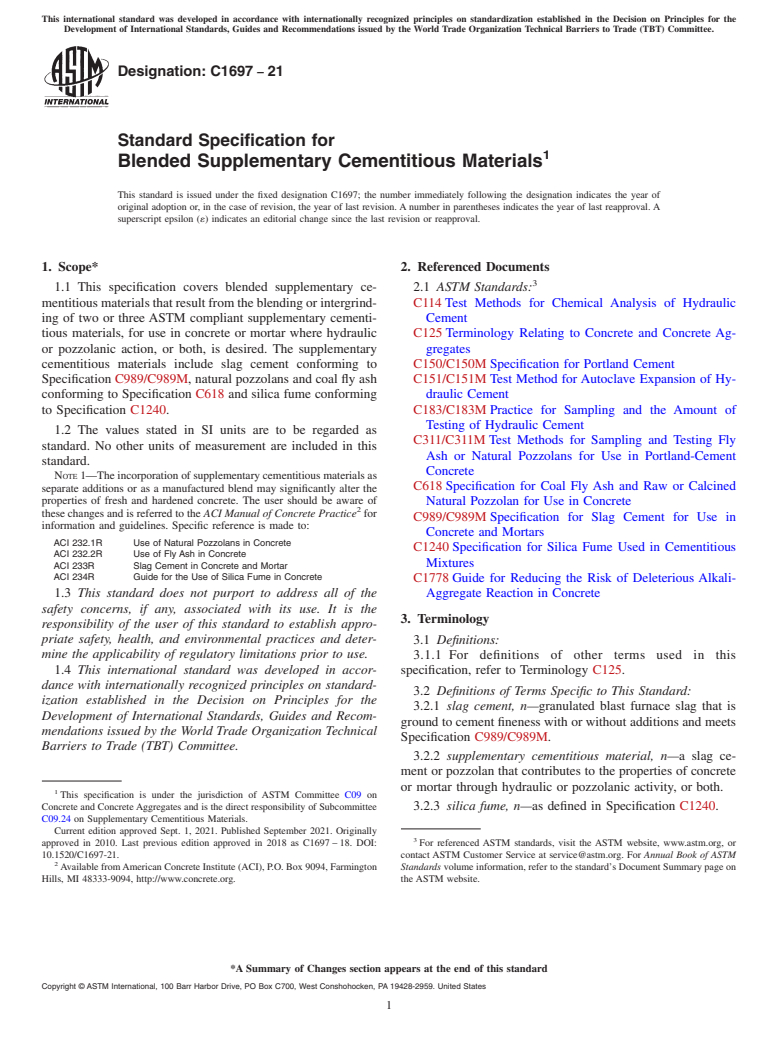 ASTM C1697-21 - Standard Specification for Blended Supplementary Cementitious Materials