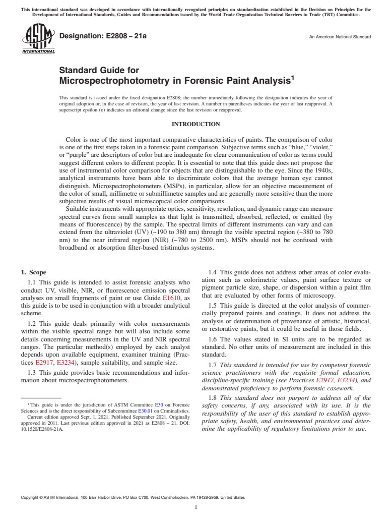 ASTM E2808-21a - Standard Guide for  Microspectrophotometry in Forensic Paint Analysis