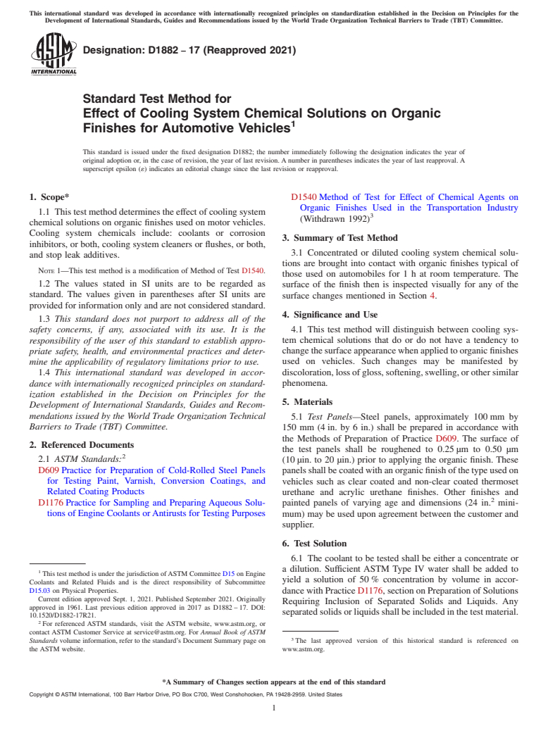 ASTM D1882-17(2021) - Standard Test Method for Effect of Cooling System Chemical Solutions on Organic Finishes  for Automotive Vehicles