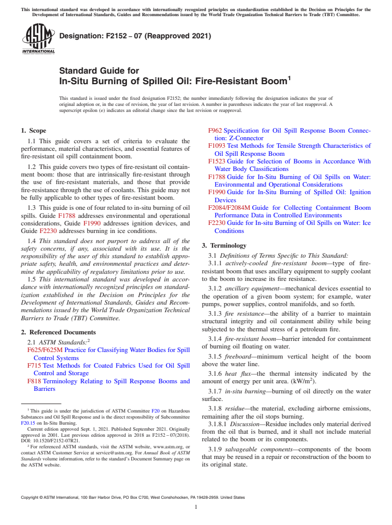 ASTM F2152-07(2021) - Standard Guide for  In-Situ Burning of Spilled Oil: Fire-Resistant Boom