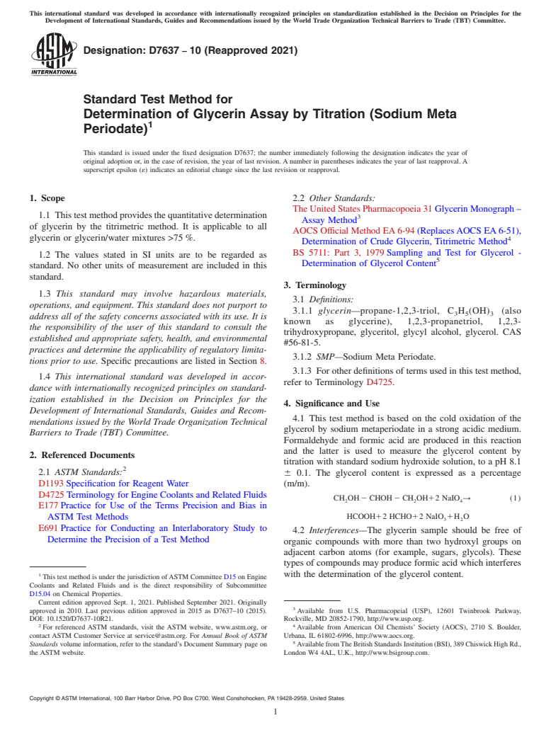 ASTM D7637-10(2021) - Standard Test Method for Determination of Glycerin Assay by Titration (Sodium Meta Periodate)