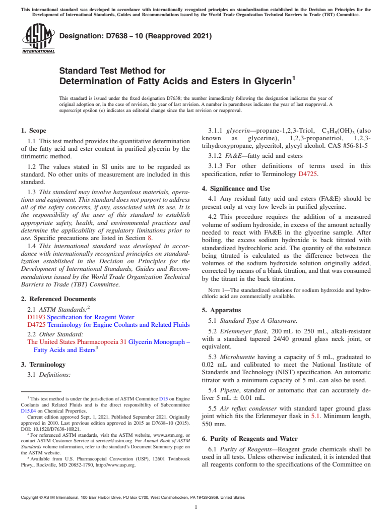 ASTM D7638-10(2021) - Standard Test Method for Determination of Fatty Acids and Esters in Glycerin