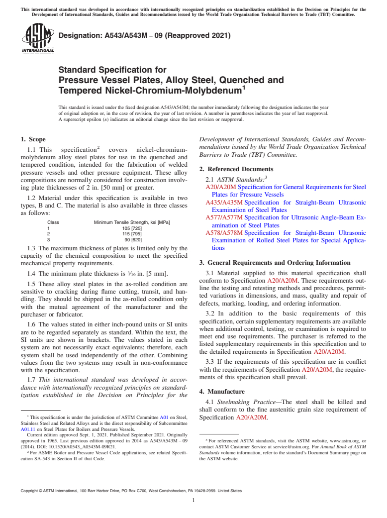 ASTM A543/A543M-09(2021) - Standard Specification for  Pressure Vessel Plates, Alloy Steel, Quenched and Tempered  Nickel-Chromium-Molybdenum