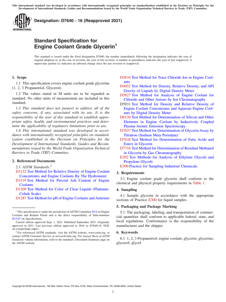 ASTM D7640-16(2021) - Standard Specification for Engine Coolant Grade Glycerin