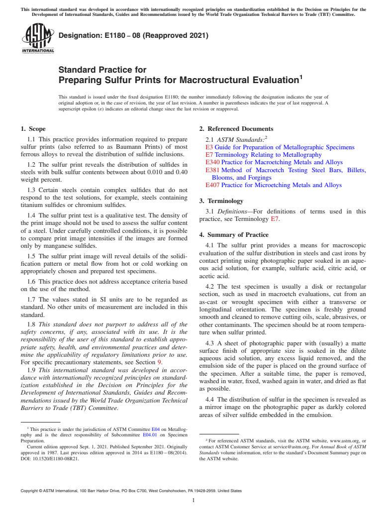 ASTM E1180-08(2021) - Standard Practice for  Preparing Sulfur Prints for Macrostructural Evaluation