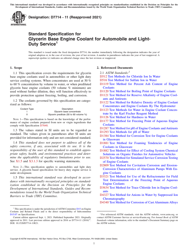 ASTM D7714-11(2021) - Standard Specification for Glycerin Base Engine Coolant for Automobile and Light-Duty  Service