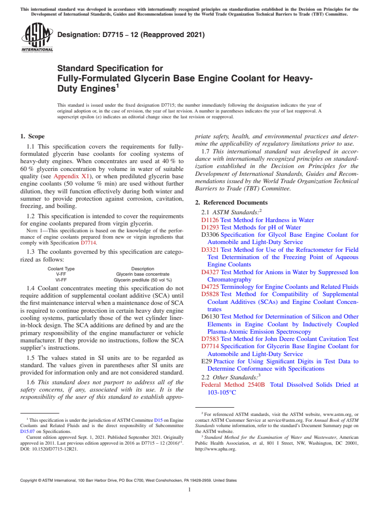 ASTM D7715-12(2021) - Standard Specification for Fully-Formulated Glycerin Base Engine Coolant for Heavy-Duty  Engines