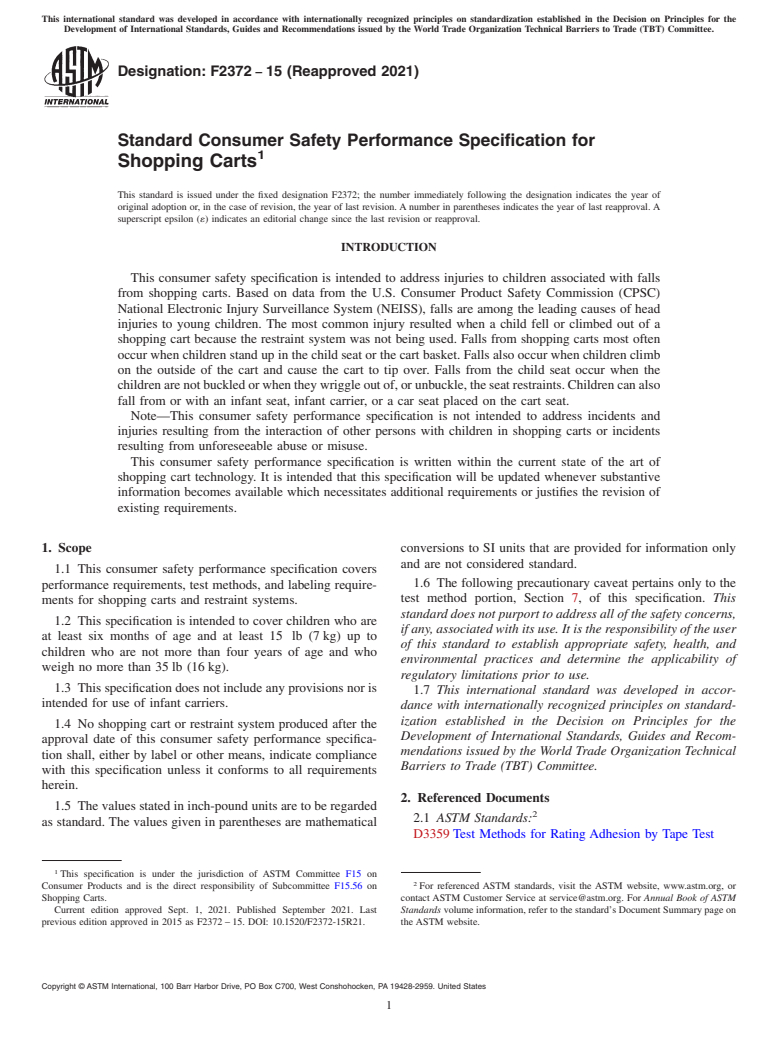 ASTM F2372-15(2021) - Standard Consumer Safety Performance Specification for Shopping Carts