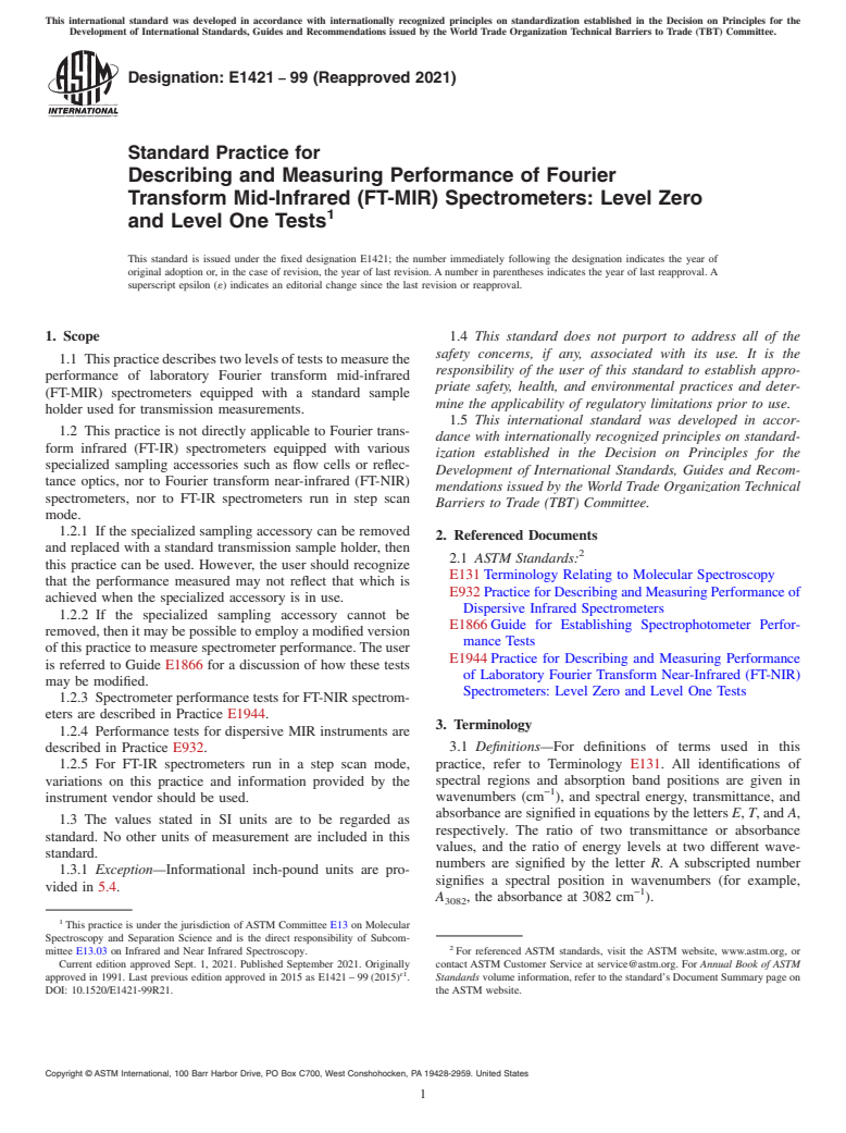 ASTM E1421-99(2021) - Standard Practice for Describing and Measuring Performance of Fourier Transform Mid-Infrared  (FT-MIR) Spectrometers: Level Zero and Level One Tests