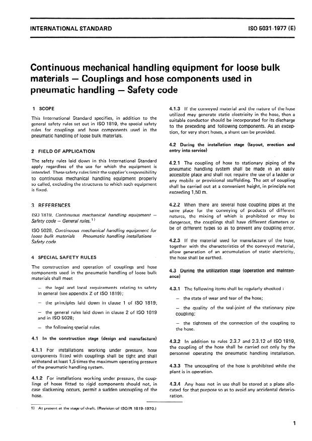 ISO 5031:1977 - Continuous mechanical handling equipment for loose bulk materials -- Couplings and hose components used in pneumatic handling -- Safety code