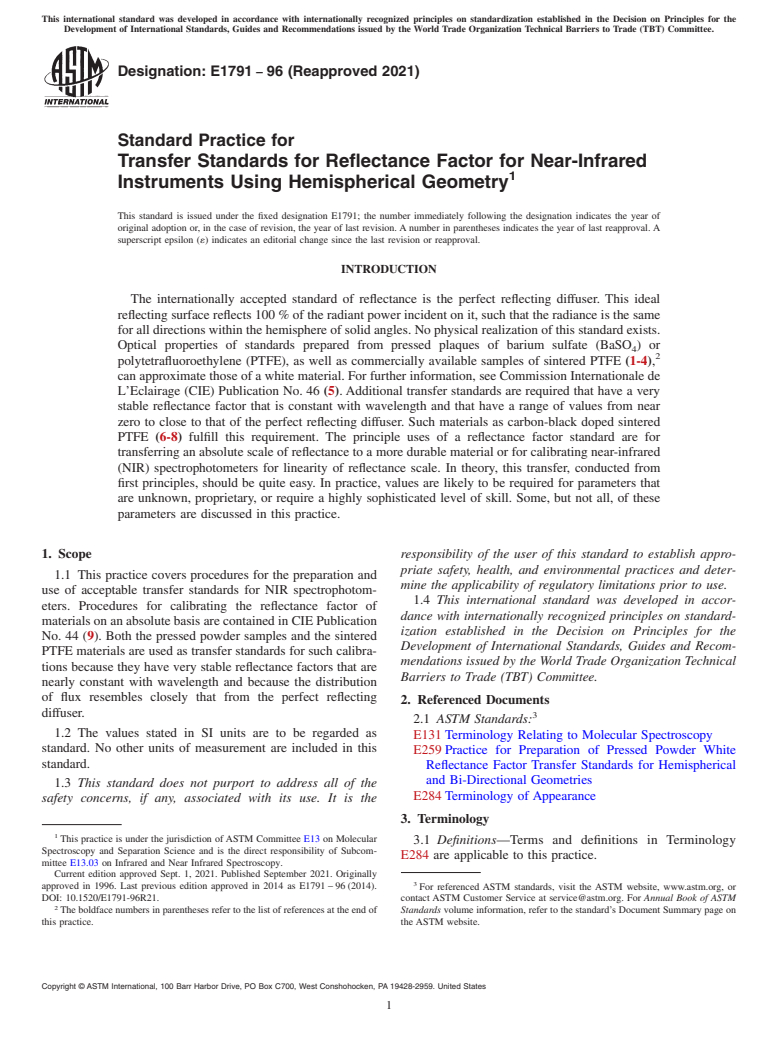 ASTM E1791-96(2021) - Standard Practice for Transfer Standards for Reflectance Factor for Near-Infrared Instruments Using Hemispherical Geometry