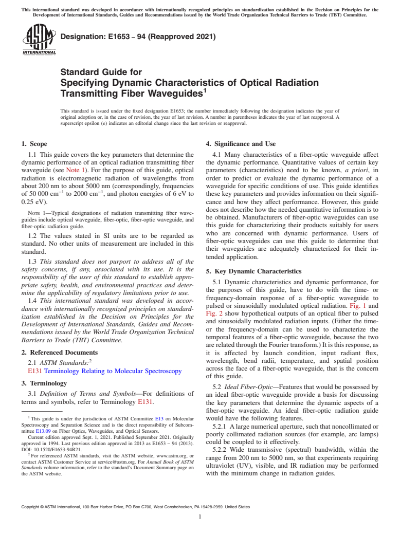 ASTM E1653-94(2021) - Standard Guide for Specifying Dynamic Characteristics of Optical Radiation Transmitting  Fiber Waveguides