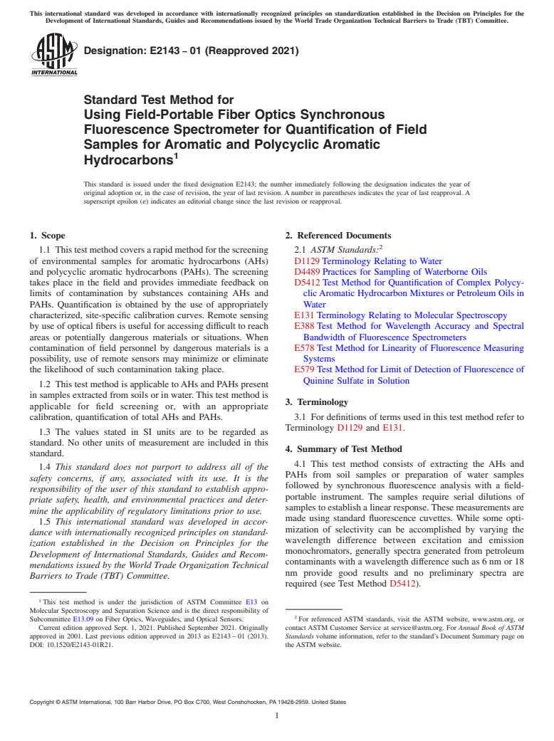 ASTM E2143-01(2021) - Standard Test Method for Using Field-Portable Fiber Optics Synchronous Fluorescence  Spectrometer   for Quantification of Field Samples for Aromatic and  Polycyclic Aromatic  Hydrocarbons