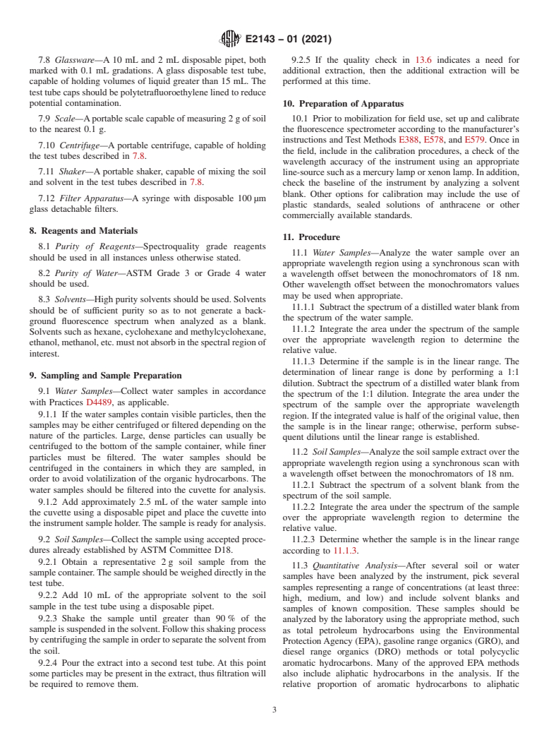 ASTM E2143-01(2021) - Standard Test Method for Using Field-Portable Fiber Optics Synchronous Fluorescence  Spectrometer   for Quantification of Field Samples for Aromatic and  Polycyclic Aromatic  Hydrocarbons