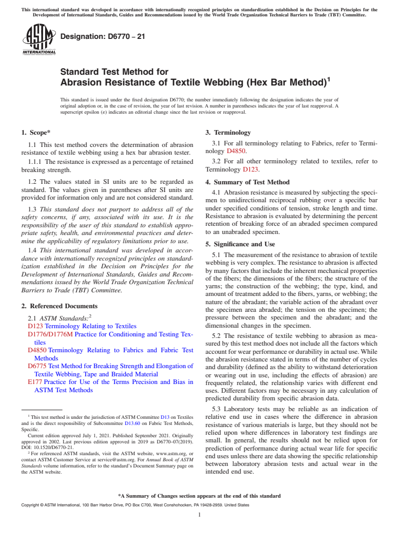 ASTM D6770-21 - Standard Test Method for Abrasion Resistance of Textile Webbing (Hex Bar Method)