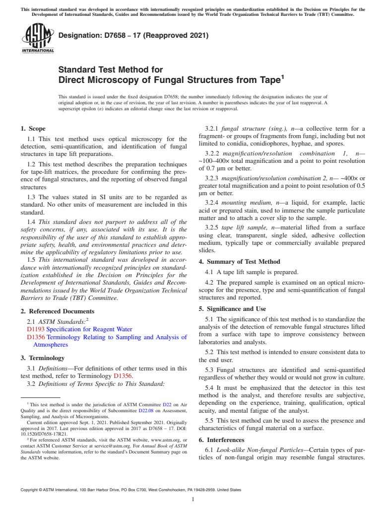 ASTM D7658-17(2021) - Standard Test Method for Direct Microscopy of Fungal Structures from Tape