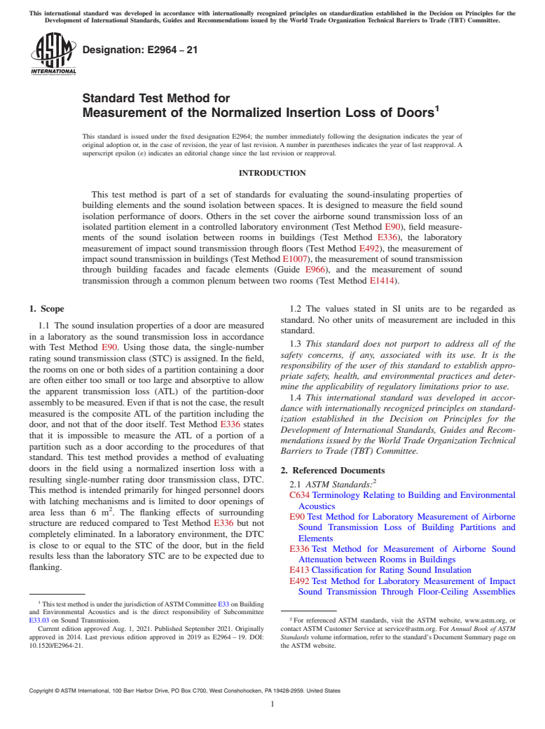 ASTM E2964-21 - Standard Test Method for Measurement of the Normalized Insertion Loss of Doors