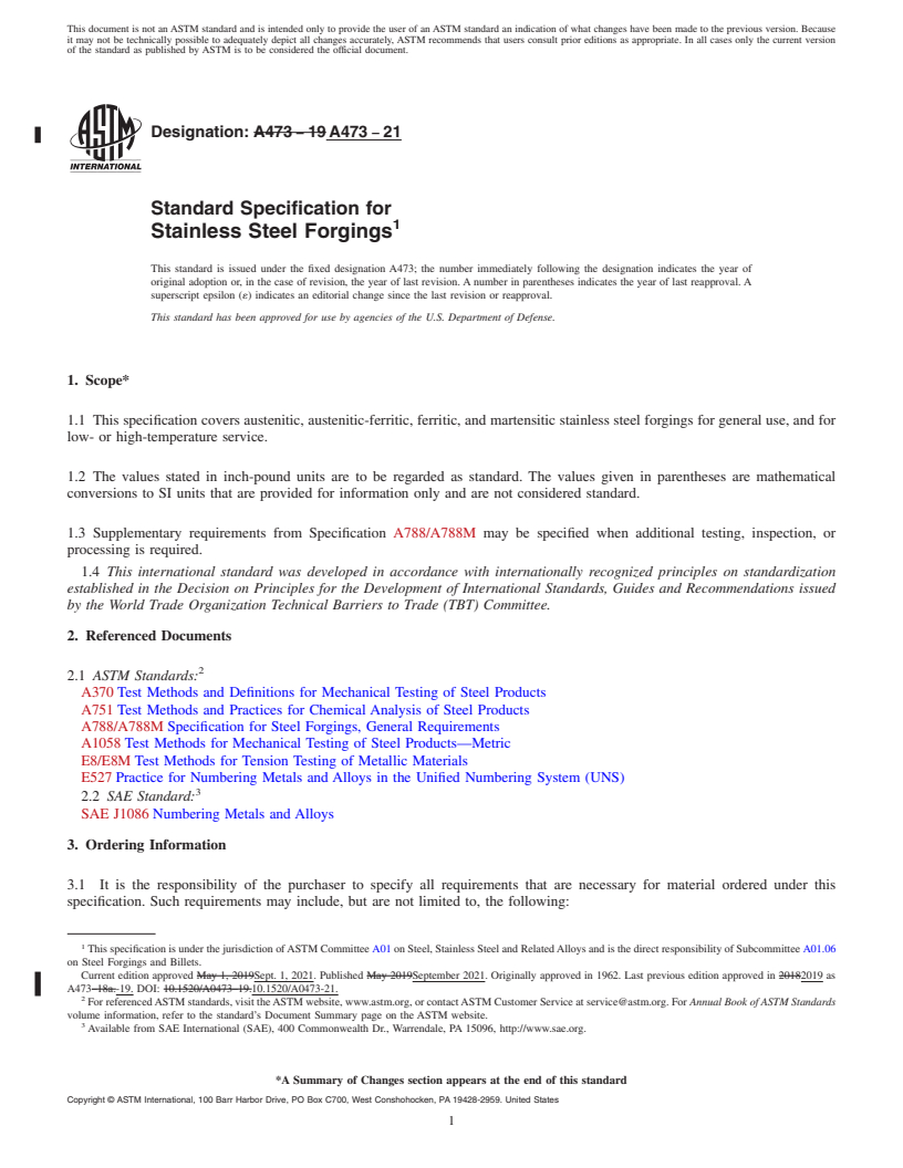 REDLINE ASTM A473-21 - Standard Specification for Stainless Steel Forgings