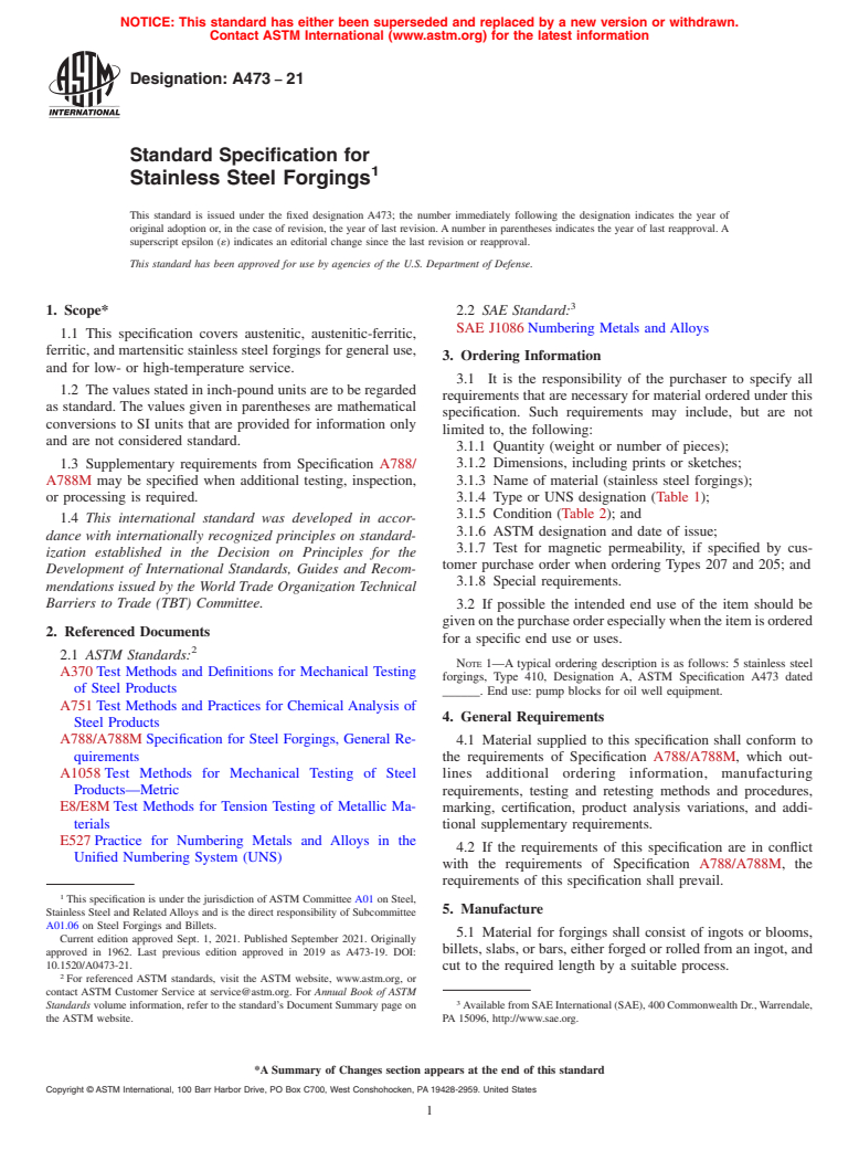 ASTM A473-21 - Standard Specification for Stainless Steel Forgings