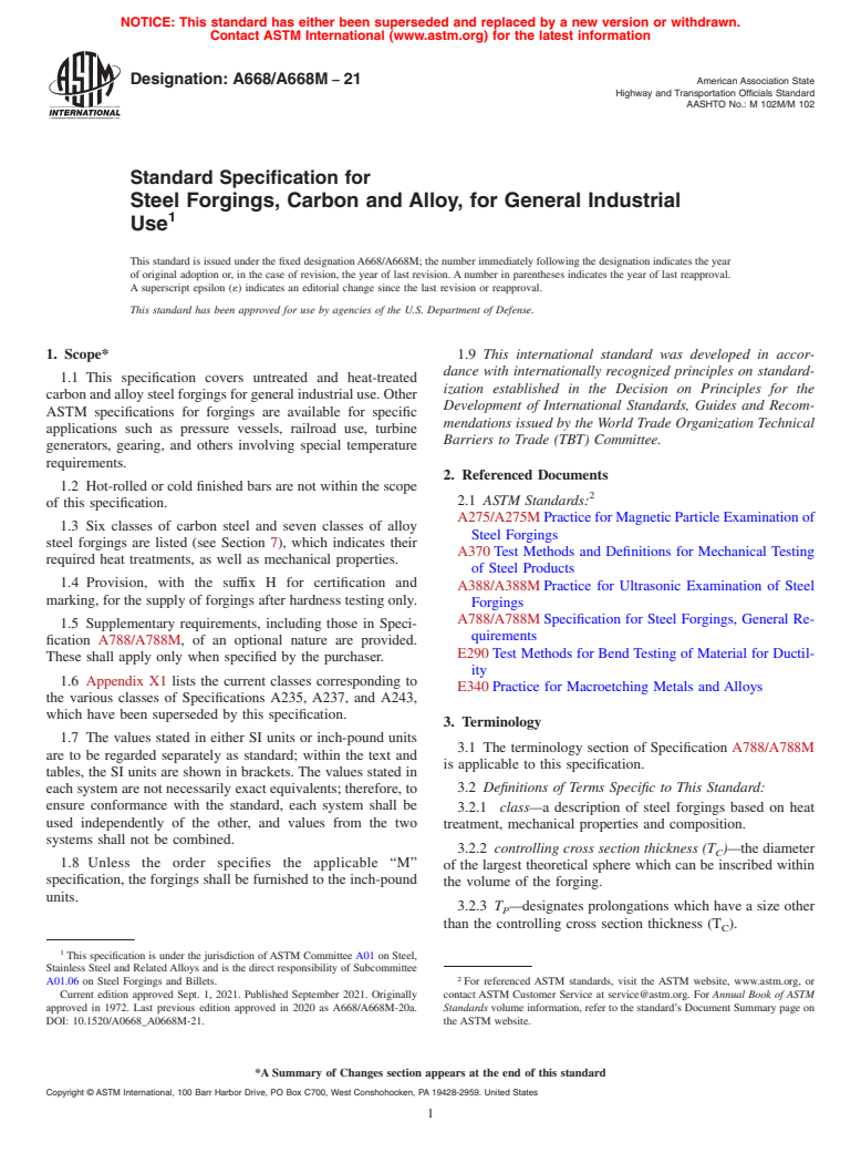 ASTM A668/A668M-21 - Standard Specification for Steel Forgings, Carbon and Alloy, for General Industrial Use