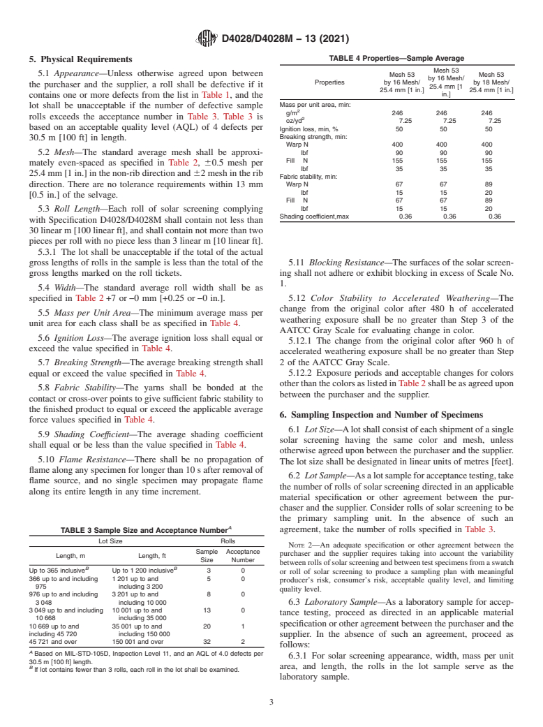 ASTM D4028/D4028M-13(2021) - Standard Specification for Solar Screening Woven from Vinyl-Coated Fiber Glass Yarn