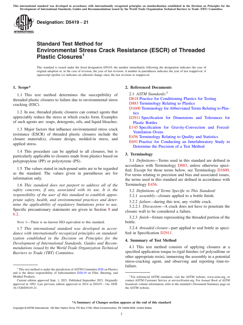 ASTM D5419-21 - Standard Test Method for  Environmental Stress Crack Resistance (ESCR) of Threaded Plastic  Closures