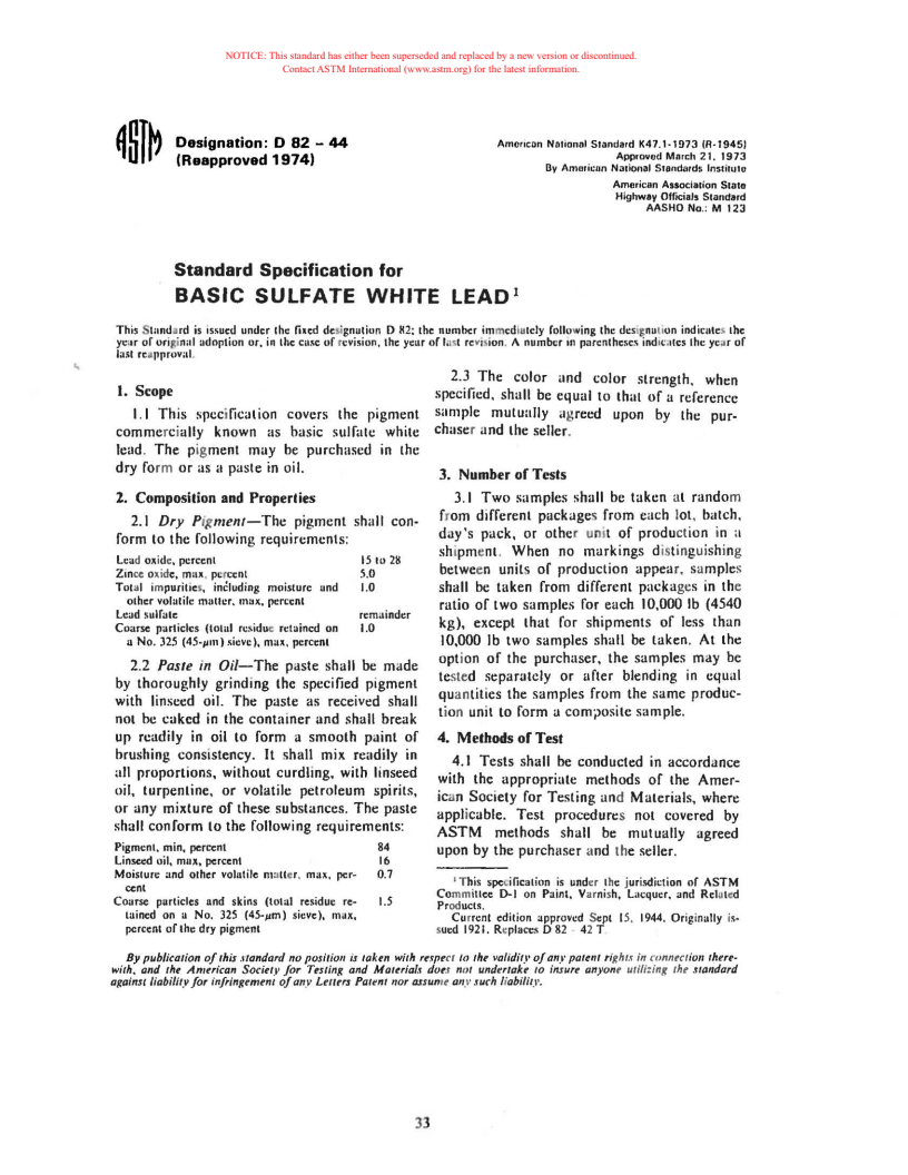 ASTM D82-44(1974) - Specification for Basic Sulfate White Lead (Withdrawn 1980)