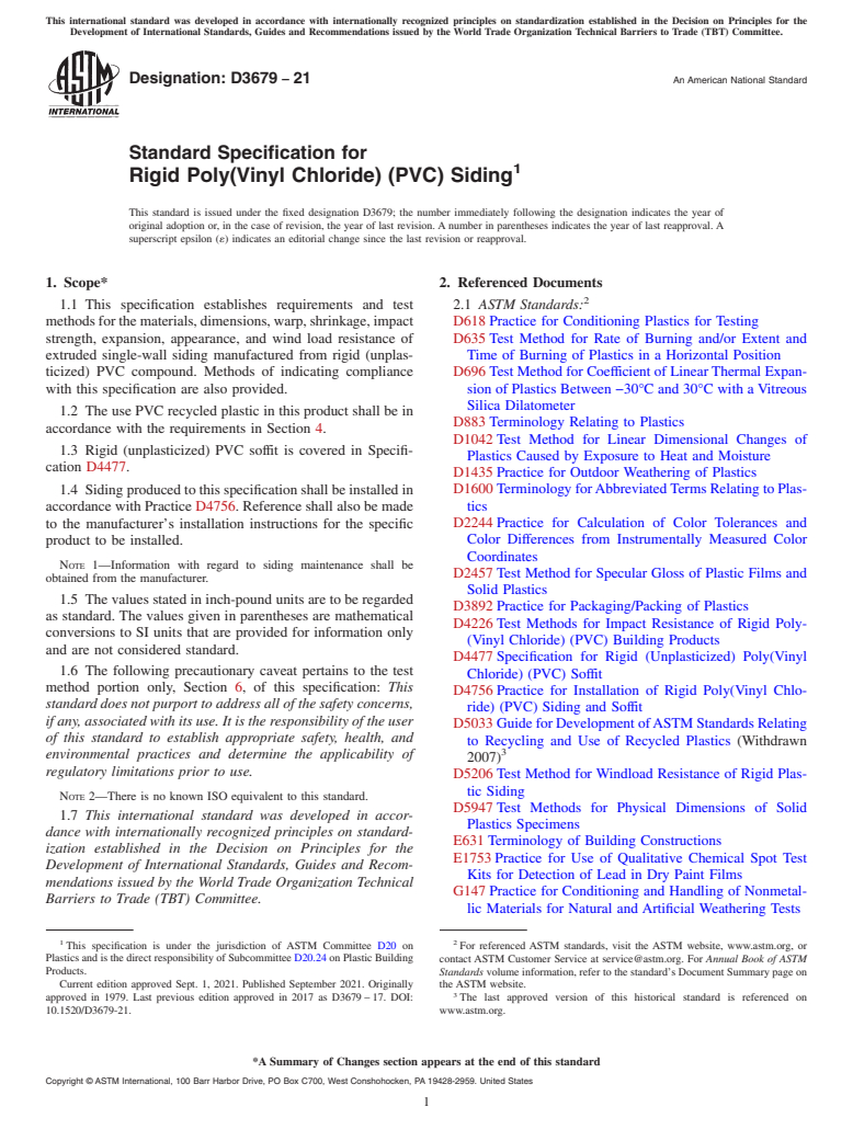 ASTM D3679-21 - Standard Specification for  Rigid Poly(Vinyl Chloride) (PVC) Siding