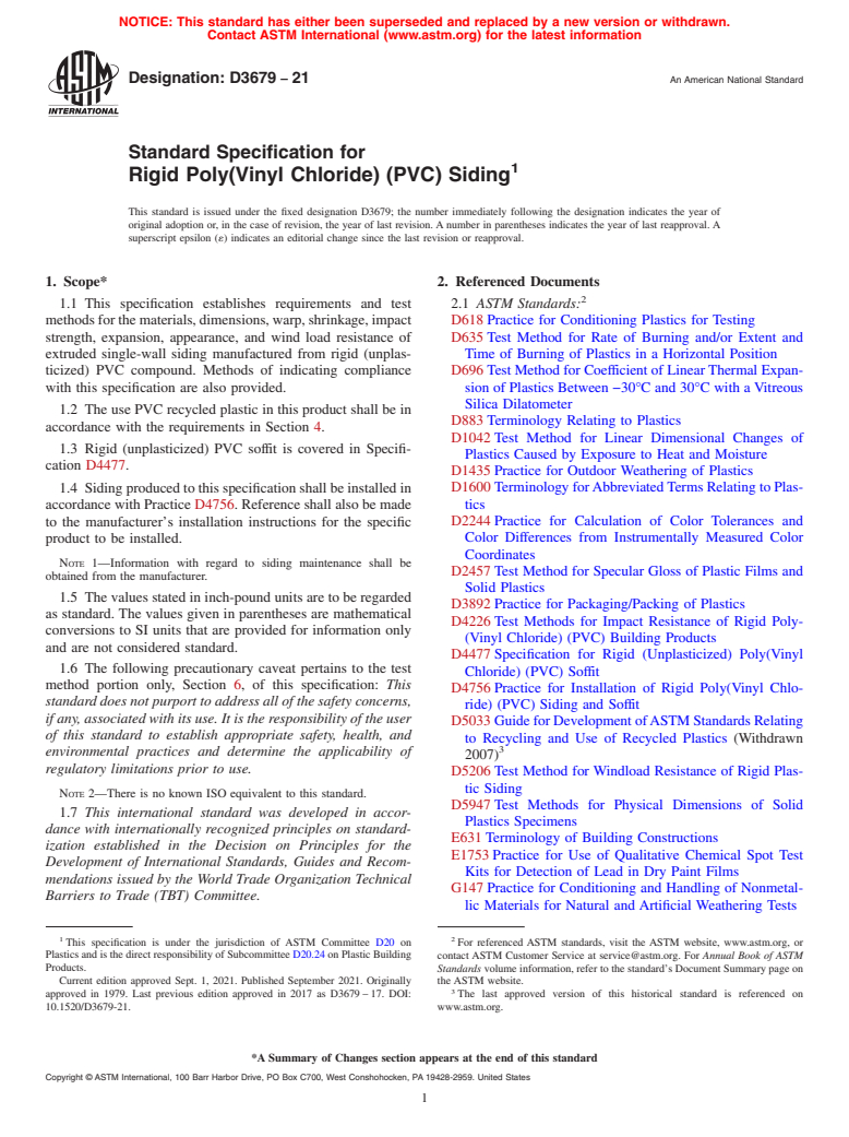 ASTM D3679-21 - Standard Specification for  Rigid Poly(Vinyl Chloride) (PVC) Siding