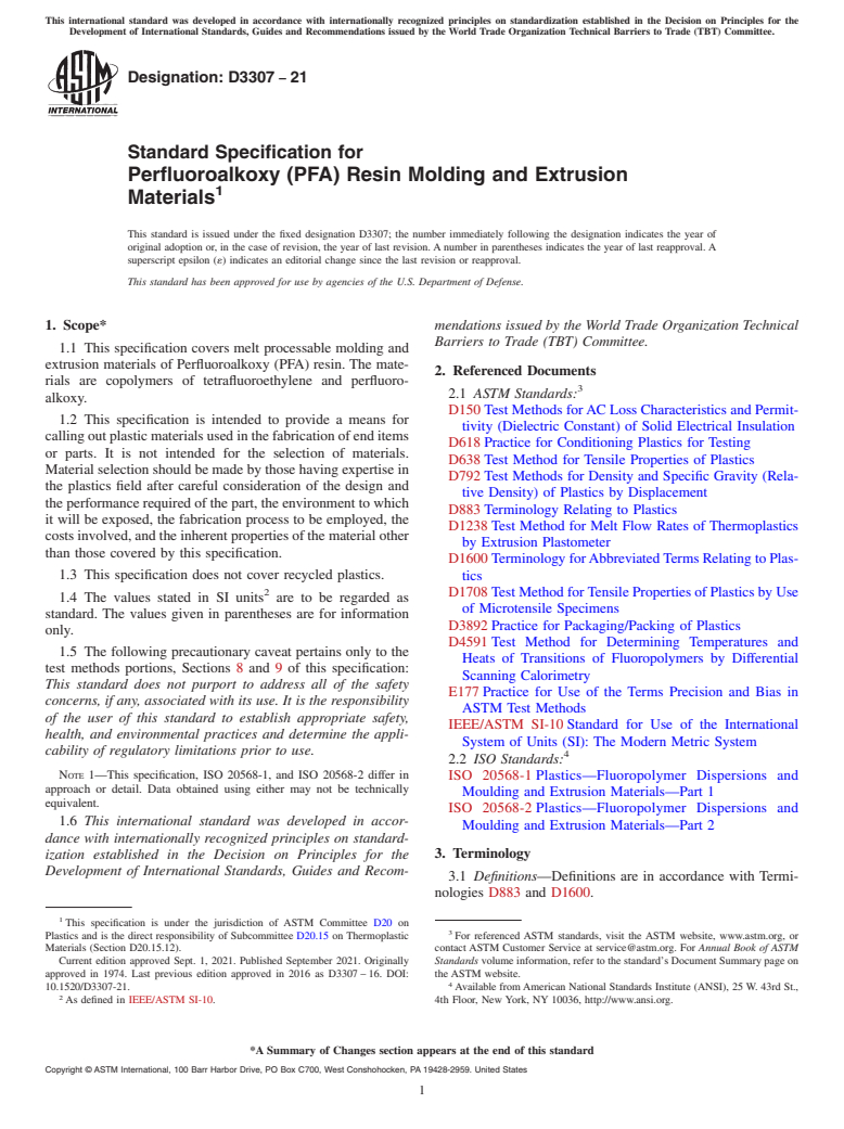 ASTM D3307-21 - Standard Specification for  Perfluoroalkoxy (PFA) Resin Molding and Extrusion Materials
